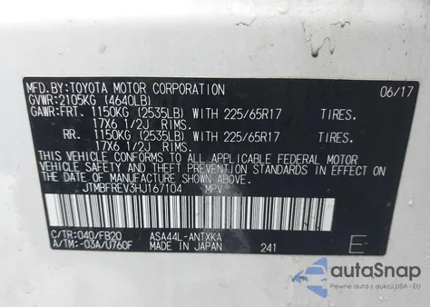 2017 Toyota Rav4 Le z USA, uszkodzony, nr VIN JTMBFREV3HJ167104